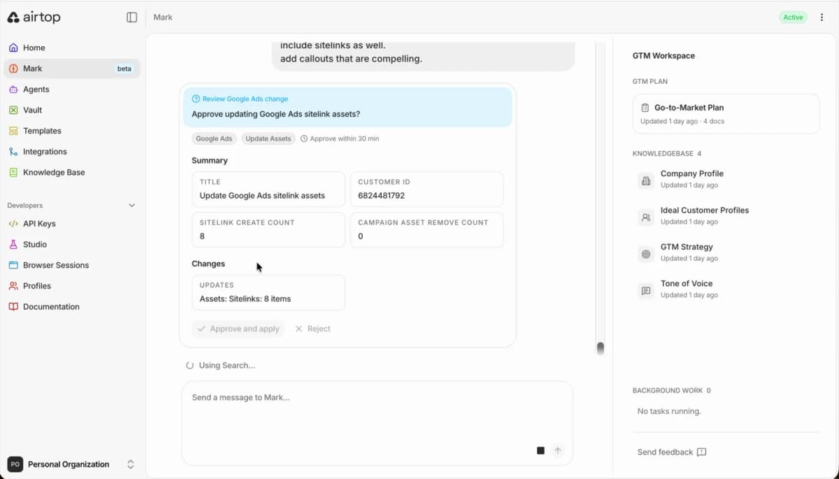 Review Google Ads change approval card summarizing sitelink asset updates with Approve and apply and Reject buttons