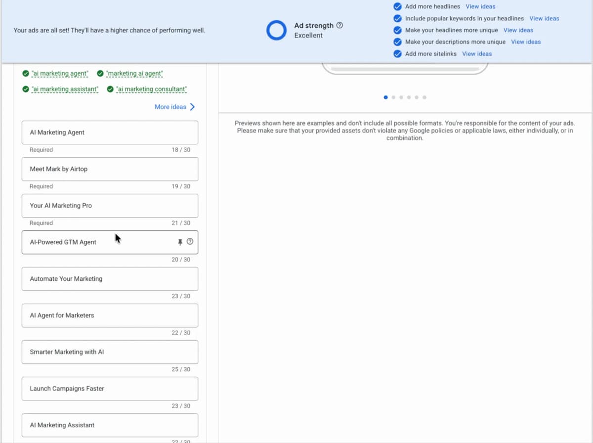 Google Ads editor showing the generated responsive search ad with Ad strength Excellent and all improvement checks satisfied