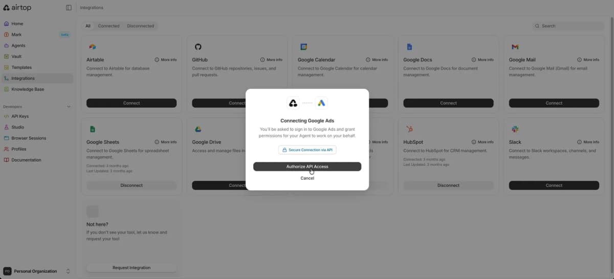 Connecting Google Ads dialog in the Airtop Integrations panel with a Secure Connection via API badge and an Authorize API Access button