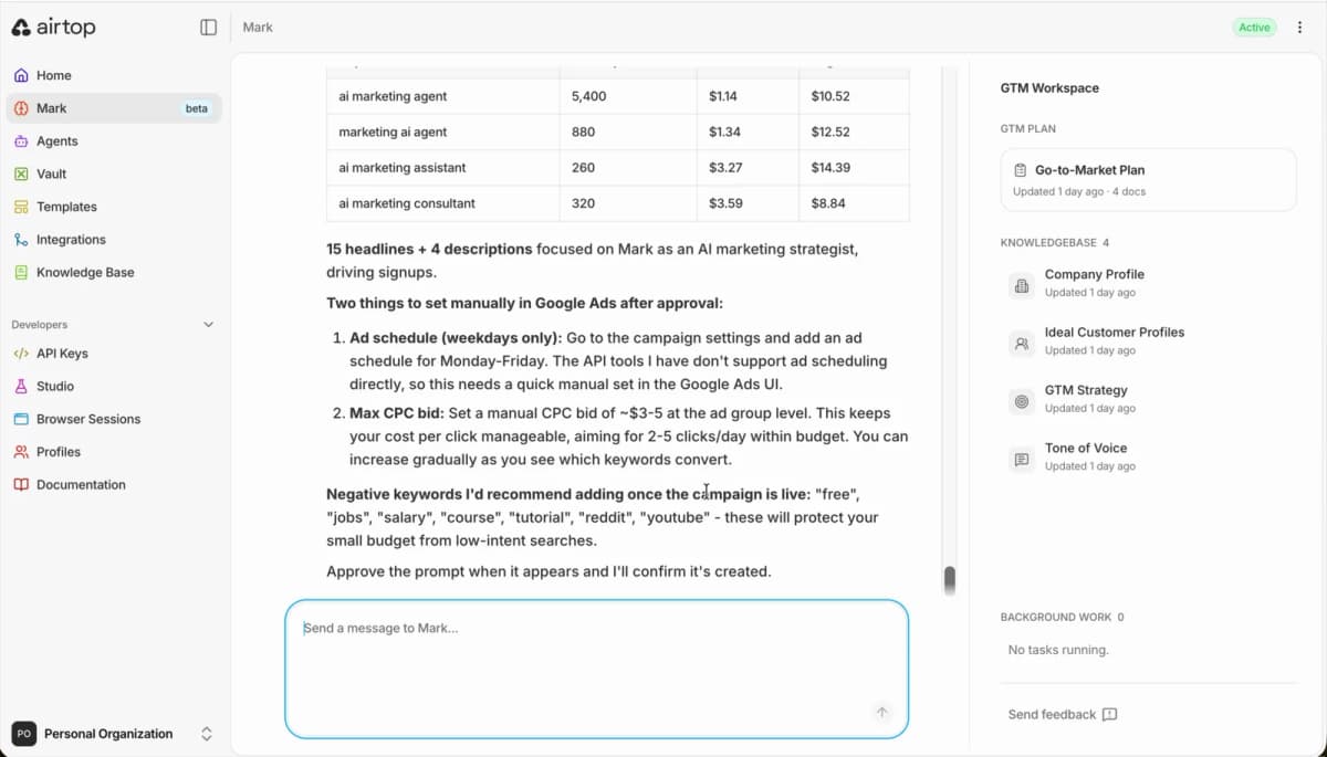 Keyword research table with monthly search volume and bid ranges, plus a plan for 15 headlines, 4 descriptions, and negative keywords