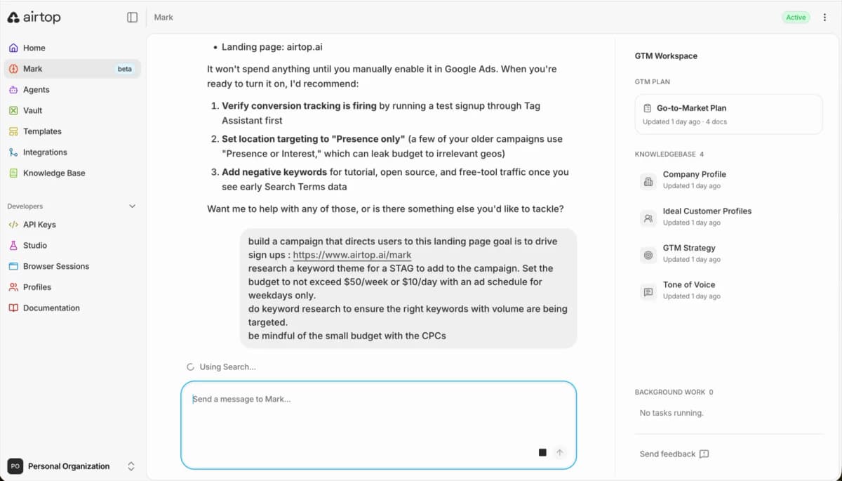 A plain English prompt to Mark asking for a Google Ads campaign with a weekly budget cap, weekday schedule, and keyword research